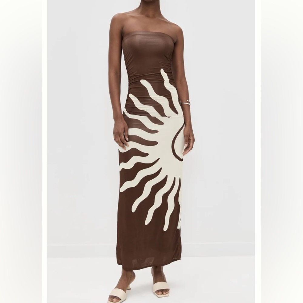 Revolve Cala de la Cruz Daphne Strapless Sunburst Mocca Maxi SideRuched Dress XS